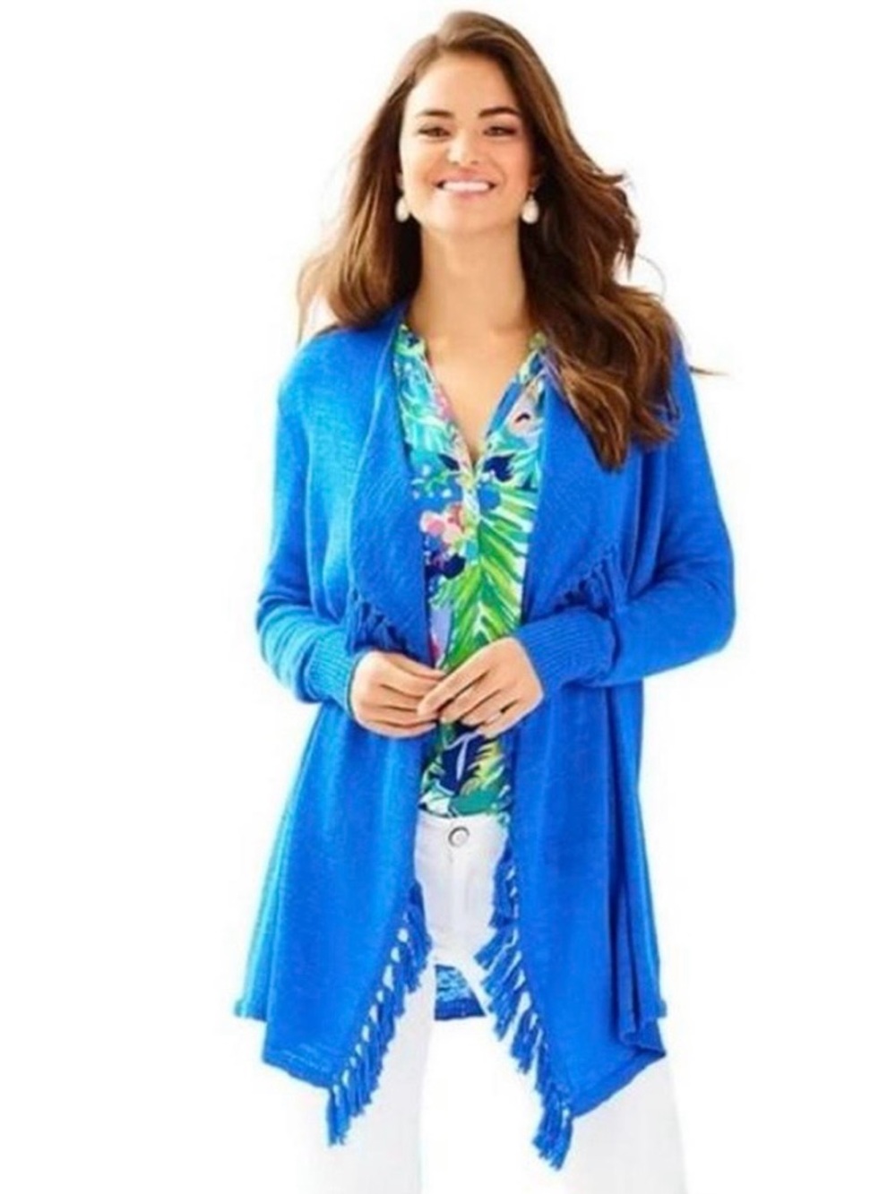 Lilly Pulitzer Lucita‎ Fringe Cardigan Open Front Sweater Blue Small Lightweight